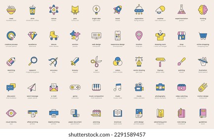 Iconos creativos de negocios. Conjunto de iconos de trabajo digital. Símbolos de creatividad e innovación. Ilustraciones vectoriales planas. Elementos aislados. Pictogramas para la web. Colección de signos para el creador de contenido.