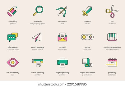 Creative business icons. Digital work icon set. Creativity and innovation symbols. Flat vector illustrations. Isolated elements. Pictograms for web. Signs collection for content creator.