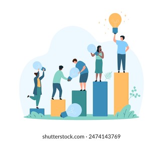 Creative business idea to achieve goal, leadership, step to success. Tiny people climb growing chart bars with dark light bulbs, leader with yellow bright lamp at top cartoon vector illustration