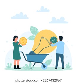 Creative business idea analysis vector illustration. Cartoon tiny people work on audit of innovation startup, assessment of good or bad idea light bulb, project for development and investment