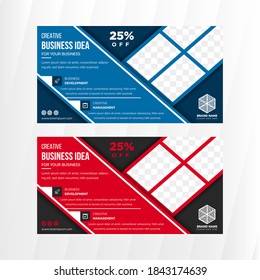 creative business idea banner template design. horizontal layout with black and blue background. diagonal rectangle space for photo collage. red and blue element. 