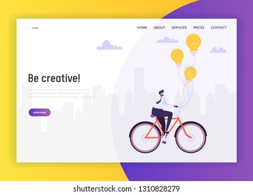 Creative Business Idea Concept Landing Page Background. Businessman Riding Bike to Work. Man Character in Suit on Bicycle with Light Bulb Website or Web Page. Flat Cartoon Vector Illustration