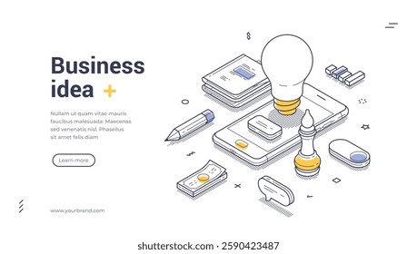 Creative business idea concept. Modern web banner template showcases a bright isometric design with line art elements. Includes a smartphone, light bulb, and stationery. Vector illustration