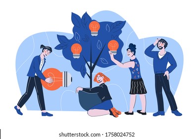 Creative business idea concept with business team growing tree of ideas. Innovation, creative solutions and investments into technology. Cartoon vector illustration isolated.