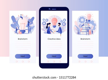 Creative business idea, content development, brainstorming concept. Screen template for mobile smart phone. Modern flat cartoon style. Vector illustration