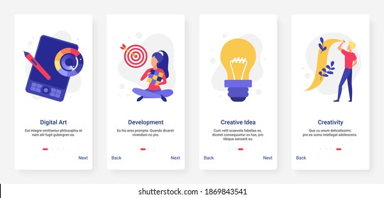 Creative business idea development, digital art, light bulb concept vector illustration. Mobile app page onboard screen set with cartoon flat creator people developing creativity in business project