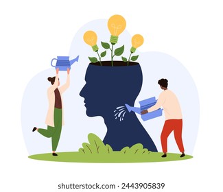 Creative business idea development, success entrepreneurship and science startup progress support. Tiny people with watering can grow light bulb plants inside human head cartoon vector illustration