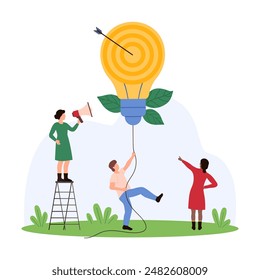 Creative business idea for goal achievement, focus on innovation strategy and solution. Tiny people holding light bulb with target and arrow, success initiative shot cartoon vector illustration