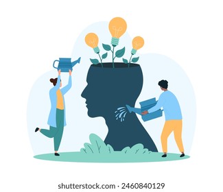 Creative business idea growth, mentorship and change to positive mindset, skills development strategy. Tiny people watering light bulb plants growing from human head cartoon vector illustration