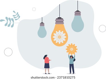 Creative business idea, implementation of innovation.people develop configuration of gearwheels and customize settings of gear and light bulb, implement invention .flat vector illustration