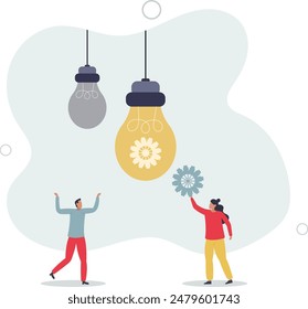 Creative business idea, implementation of innovation.people develop configuration of gearwheels and customize settings of gear and light bulb,
