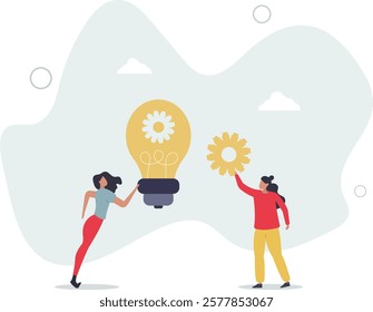 Creative business idea, implementation of innovation.people develop configuration of gearwheels and customize settings of gear and light bulb,flat characters.