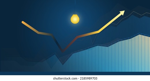 Creative Business Idea - Thinking, Brainstorming on New Ideas,  Opportunities or Goals - Big Idea Concept Design with Glowing Lightbulb and Charts - Dark Blue Vector Template with Golden Arrow 