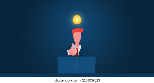 Creative Business Idea - Thinking and Brainstorming on New Ideas,  Opportunities,Goals or Achievements - Businessman with a Brand New Idea Showing Thumbs Up Behind a Laptop Computer, Under a Lightbulb