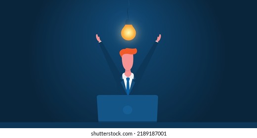 Creative Business Idea - Thinking and Brainstorming on New Ideas,  Opportunities, Goals or Achievements - Businessman with a Brand New Idea, Arms Raised Behind a Laptop Computer, Under a Lightbulb