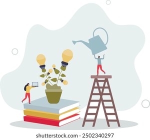 Creative business idea.research and development.grow light bulb.flat design with people.