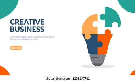 Creative business illustration concept, business hands connect bulb puzzle, flat design vector illustration