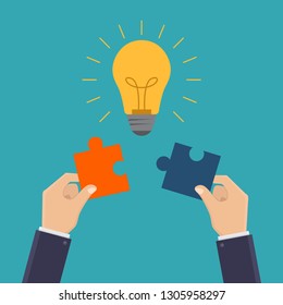 Creative business illustration concept, business hands connect bulb puzzle, flat design vector illustration - Shutterstock ID 1305958297