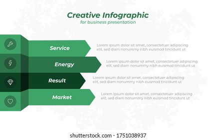 Creative business infographic with arrow shape and icon design. Green nature color palette. Vector illustration eps10.