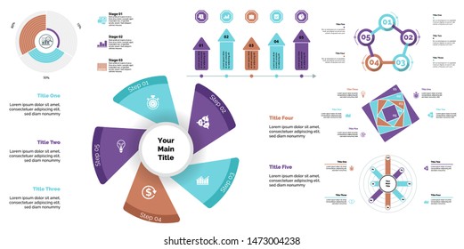 Creative business infographic design for development concept. Can be used for workflow layout, annual report, web design. Process chart, option chart, flowchart, donut chart, organizational graph