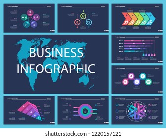 Creative business infographic design for management concept. Can be used for workflow layout, annual report, web design. Process chart, option chart, flowchart, donut chart, comparison, bar graph