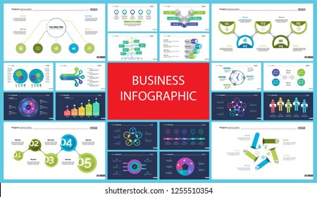 Creative business infographic design for startup concept. Can be used for business project, annual report, web design. Option chart, process chart, organizational chart, donut diagram, flowchart