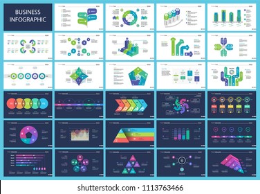 Creative business infographic diagram set can be used for annual report, web design, workflow layout. Marketing concept. Option venn, process, percentage chart, bar graph, area chart, timeline