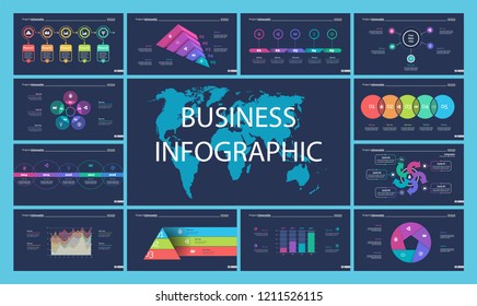 Creative business infographic diagram set can be used for annual report, web design, workflow layout. Marketing concept. Option venn, process, percentage chart, bar graph, area chart, timeline