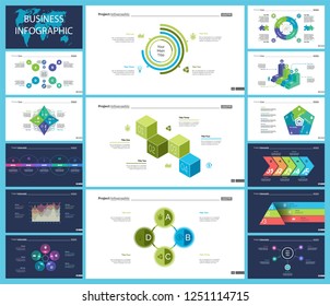 Creative business infographic diagram set can be used for annual report, web design, workflow layout. Marketing concept. Option venn, process, percentage chart, bar graph, area chart, timeline