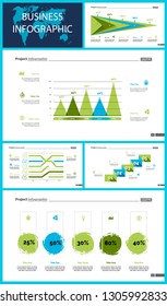 Creative business infographic diagram set can be used for annual report, web design, workflow layout. Marketing concept. Option venn, process, percentage chart, bar graph, area chart, timeline