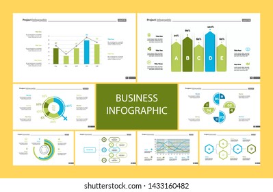 Creative business infographic diagram set can be used for annual report, web design, workflow layout. Marketing concept. Option venn, process, percentage chart, bar graph, area chart, timeline