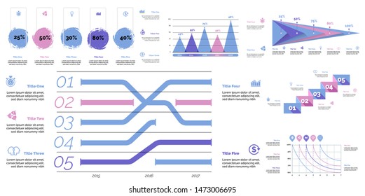 Creative business infographic diagram set can be used for annual report, web design, workflow layout. Marketing concept. Option venn, process, percentage chart, bar graph, area chart, timeline