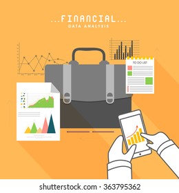 Creative business infographic elements with illustration of human hands working on smartphone for Financial Data Analysis concept.