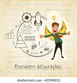 Creative business infographic elements with illustration of young happy boy, showing thumbs up on grungy notebook paper background.