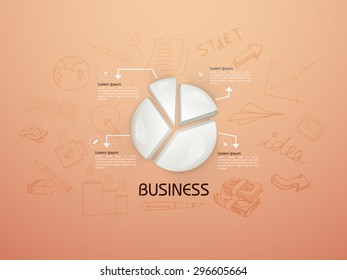 Creative business infographic layout with 3D glossy pie chart and various business elements.