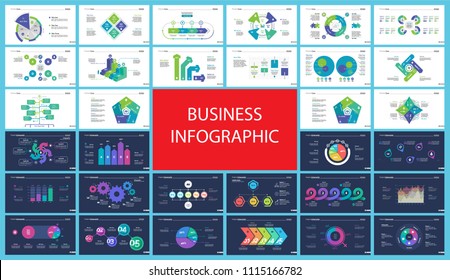 Creative business infographic slide templates set can be used for annual report, web design, workflow layout. Management concept. Option, comparison, donut, area, organizational charts, flowchart