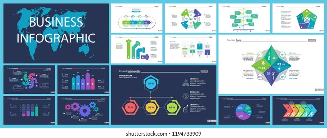 Creative business infographic slide templates set can be used for annual report, web design, workflow layout. Management concept. Option, comparison, donut, area, organizational charts, flowchart