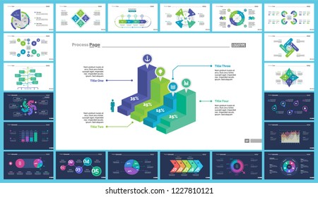 Creative business infographic slide templates set can be used for annual report, web design, workflow layout. Management concept. Option, comparison, donut, area, organizational charts, flowchart