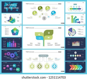 Creative business infographic slide templates set can be used for annual report, web design, workflow layout. Management concept. Option, comparison, donut, area, organizational charts, flowchart