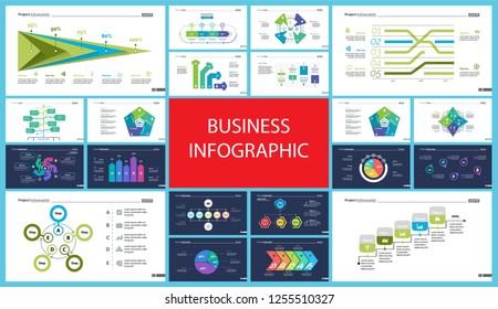 Creative business infographic slide templates set can be used for annual report, web design, workflow layout. Management concept. Option, comparison, donut, area, organizational charts, flowchart