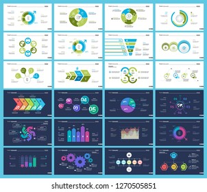 Creative business infographic slide templates set can be used for annual report, web design, workflow layout. Management concept. Option, comparison, donut, area, organizational charts, flowchart