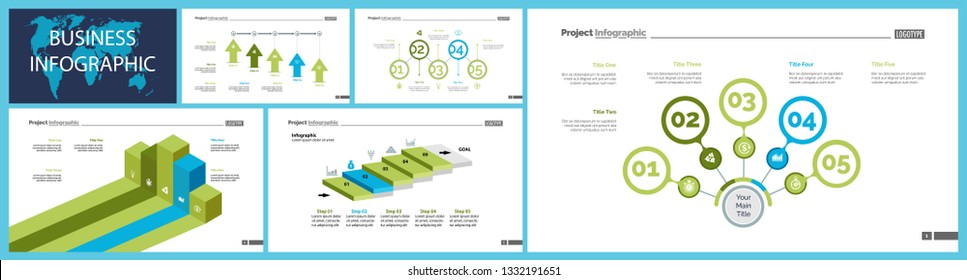 Creative business infographic slide templates set can be used for annual report, web design, workflow layout. Management concept. Option, comparison, donut, area, organizational charts, flowchart