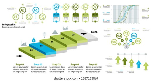 Creative business infographic slide templates set can be used for annual report, web design, workflow layout. Management concept. Option, comparison, donut, area, organizational charts, flowchart