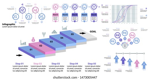Creative business infographic slide templates set can be used for annual report, web design, workflow layout. Management concept. Option, comparison, donut, area, organizational charts, flowchart