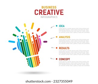 Infografía creativa de negocios. ideas de pensamiento cerebro, concepto de innovación. Infografía brillante con bombilla brillante de rayas brillantes. Ilustración del vector