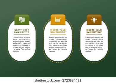 Creative Business Infographics Template com 3 opções distintas para visualização de dados, crescimento financeiro e ideias inovadoras. Arquivo EPS vetorial isolado, personalizável e para apresentações
