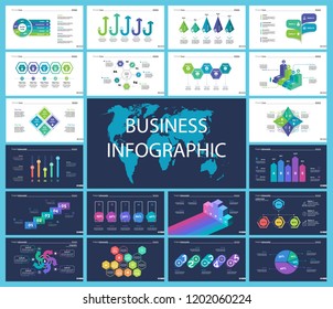Creative business inforgraphic design set can be used for presentations, annual report, web design. Business concept. Donut, arrow, timeline, process charts, flowchart, comparison graph
