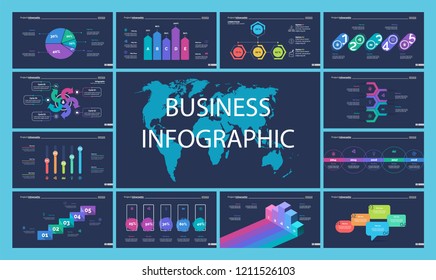 Creative business inforgraphic design set can be used for presentations, annual report, web design. Business concept. Donut, arrow, timeline, process charts, flowchart, comparison graph