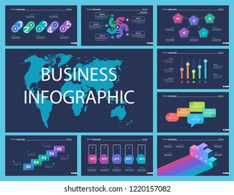 Creative business inforgraphic design set can be used for presentations, annual report, web design. Business concept. Donut, arrow, timeline, process charts, flowchart, comparison graph