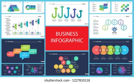 Creative business inforgraphic design set can be used for presentations, annual report, web design. Business concept. Donut, arrow, timeline, process charts, flowchart, comparison graph